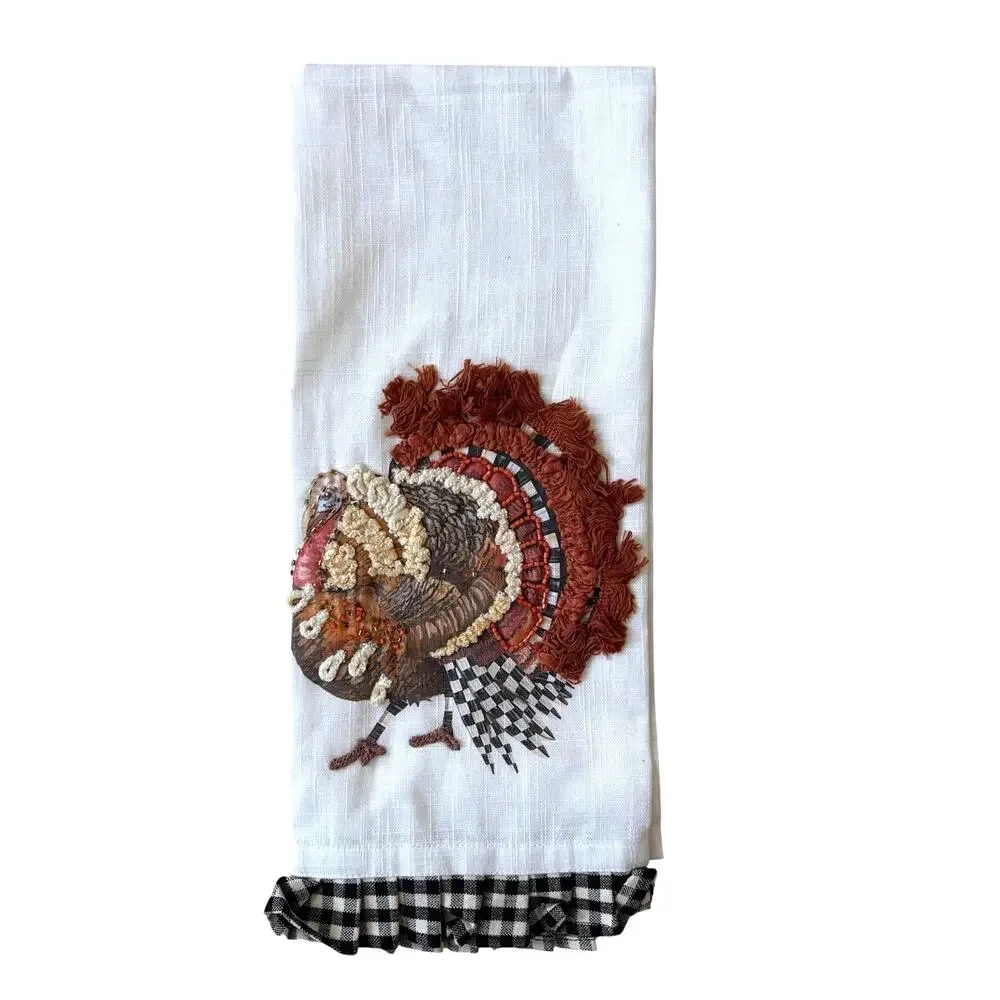 Mackenzie-Childs Turkey Applique Dish Towel 16x26 Cotton Velvet NEW